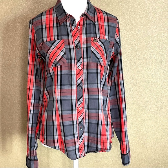 OBEY Western Vibe Inpired Plaid Fitted Long Sleeve Shirt Size M Boho Rockabilly - Picture 4 of 8